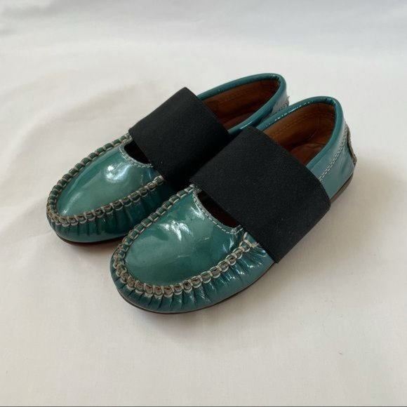 Atlanta Mocassins Kids Teal Patent Leather Slip-On Loafers with Elastic Strap - Picture 2 of 10